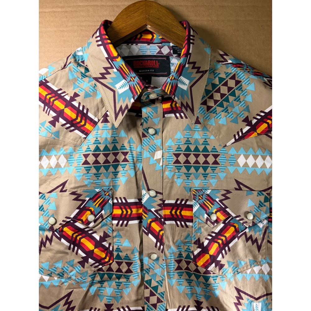 Rock & Roll Denim Western Shirt Mens Small Tan Southwestern Print Pearl Snap SS